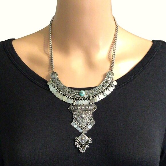 Max and Zoe Necklace Statement Bib Fringe Turqoise Silver Tone Boho - Picture 4 of 5